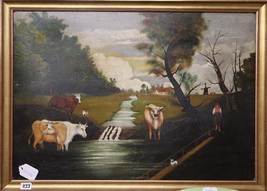 Continental School, oil on board, Naive landscape with cattle and windmill, 49 x 70cm